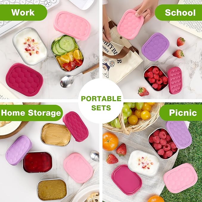 Gencywe 3 Pack Stainless Steel Snack Containers for Kids, 8 oz Easy Open Leak Proof Small Toddler Snack Containers with Silicone Lids, Stackable Metal Lunch Box for Daycare and School (Pink)