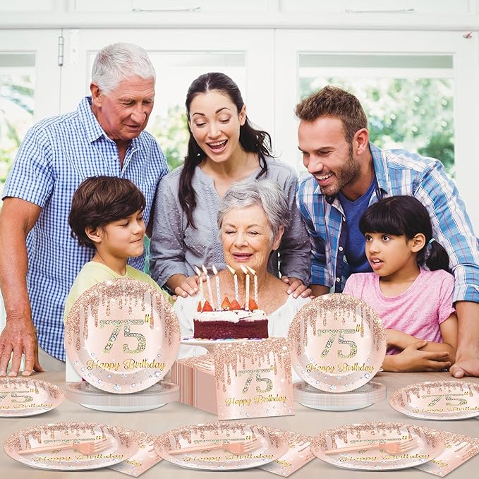 96 Pcs Rose Gold 75th Birthday Party Plates and Napkins for Girls Rose Gold Party Supplies Pink Happy 75 Years Birthday Party Tableware Set for 24 Guests Party Decorations