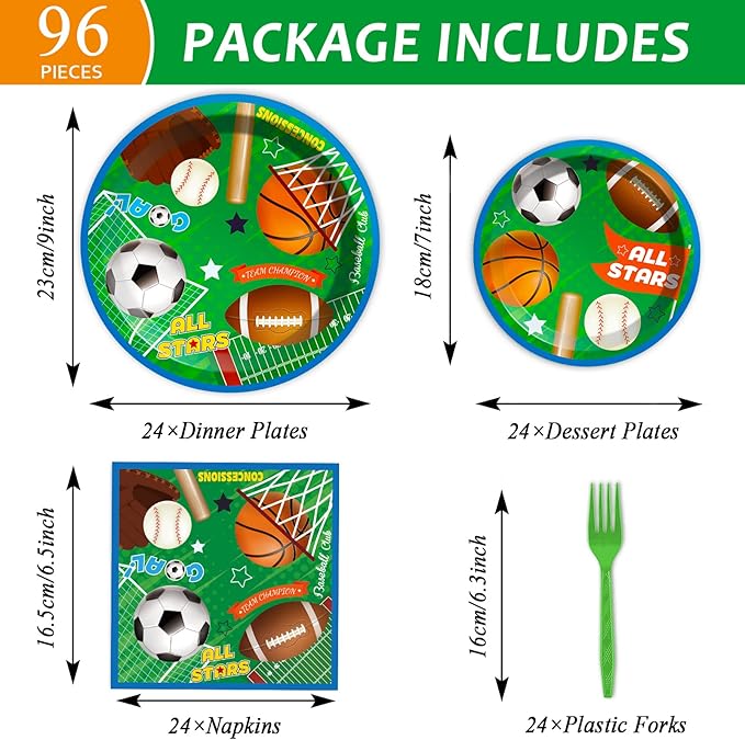 Sports Party Plates Napkins Superstar Party Tableware All Star Birthday Baseball Football Soccer Basketball Disposable Paper Plates Napkins for Boy Birthday Decoration Supplies Favors 24 Guests