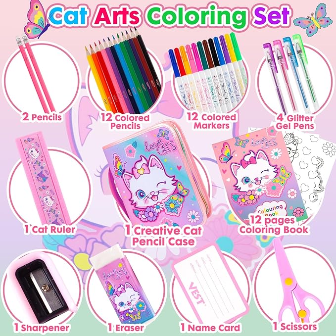 Washable Markers Set with Glitter Pencil Case, Art Supplies for Kids Ages 4-6-8, Arts Crafts Travel Coloring Kit for Girls 4 5 6 7 8 Year Old Birthday Gifts