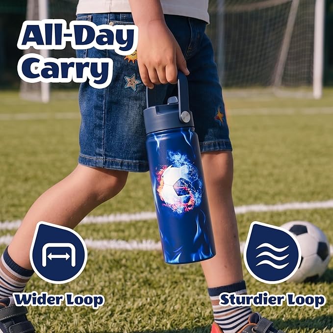 KEWIXY 18 oz Boys Water Bottle with Straw, Easy Slide Lid, Leak Proof, Keep Cold 24H, Vacuum Insulated Tumbler, Metal Stainless Steel with Handle for School & Sport, Soccer