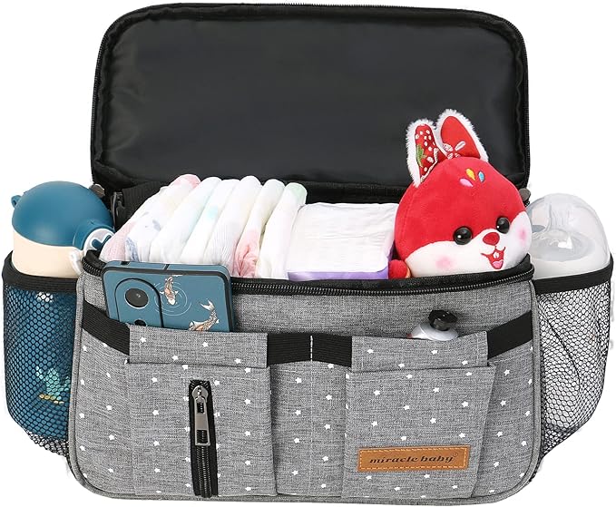 Miracle Baby Stroller Organizer Bag for Mom,Universal Stroller Storage Caddy Diaper Bag- Compatible with Most Stroller - Multifunctional Larg(Grey Star)