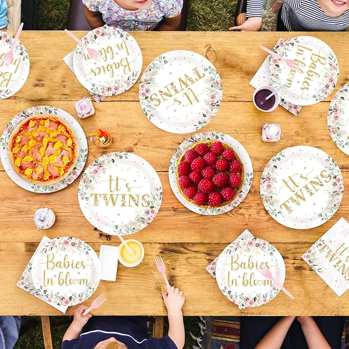 96Pcs Twins Baby Shower Party Decorations Wildflower Baby in Bloom Paper Plates and Napkins Pink Gold Floral It's Twins Disposable Tableware Set for Boys Girls Birthday Party Supplies, Serves 24