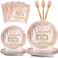 CHUNNIN 96Pcs 65th Birthday Decorations Pink Rose Gold Paper Plates Napkins Forks Set 65 Year Old Tableware Party Supplies Disposable Rose Gold Dinnerware Table Decor Favors for Women Serves 24