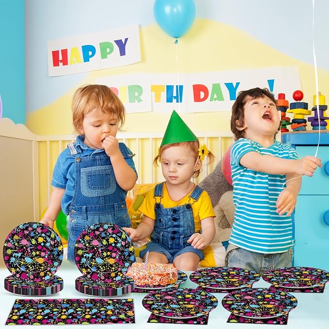 48Pcs Neon Glow in the Dark Paper Dessert Plates and Napkins Neon Party Decorations Paint Splatter Birthday Party Supplies Colorful Graffiti Disposable Tableware for Kids Baby Shower Serves 24
