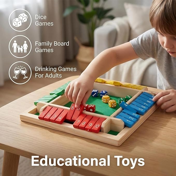 Vindstier Shut the Box Board Game for 2-4 Player, Wooden Math Number Flip Dice, Educational Toy for Kids Ages 3+ and Adults, Screen-Free Family Night, Classroom, Pub& Summer Travel Learning Activities