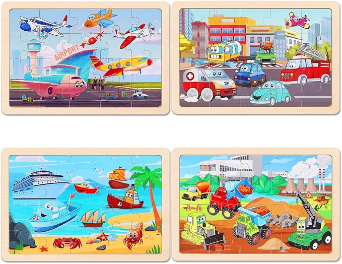 Wooden Educational Jigsaw Puzzles for Preschool Kids Ages 3-5, 4-Pack with 20 Pieces Transportation Wood Puzzles Set, Toddler Brain Teaser Toys, Preschool Gifts for Boys Girls Ages 3 4 5 6