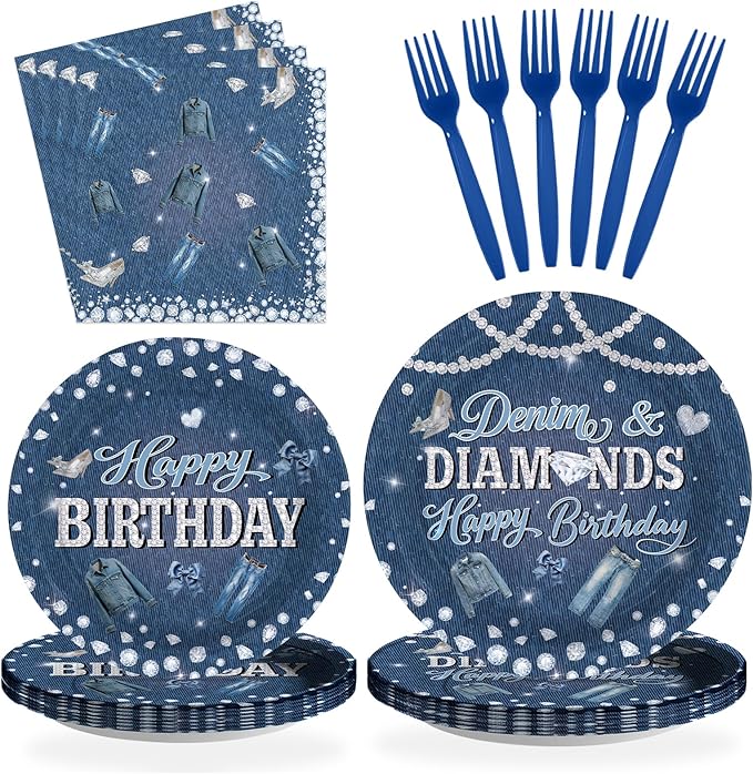 96Pcs Denim and Diamonds Birthday Party Decorations Denim Theme Jacket Jeans Plates and Napkins Crystal Diamonds Tableware Set for Women Birthday Bachelorette Bridal Shower Wedding Supplies Serves 24