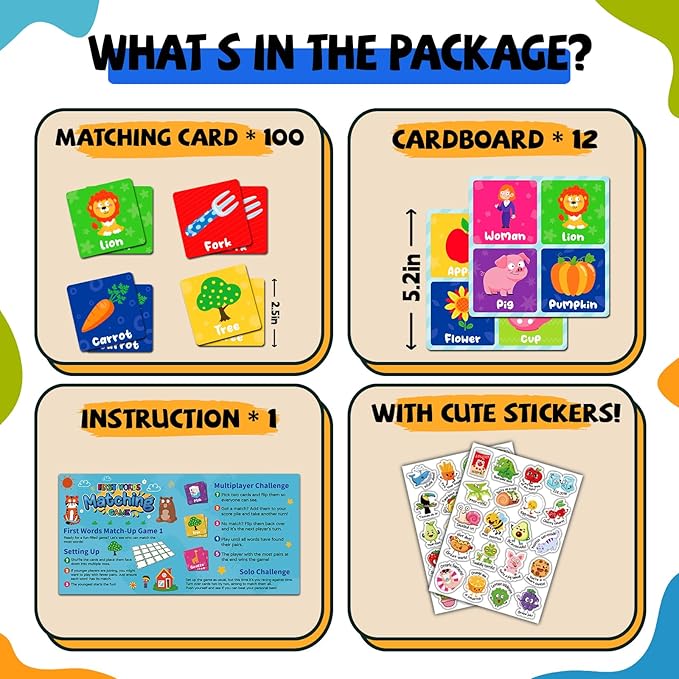 zheyistep 100 PCS First Words Matching Game for Kids Toddlers Memory Game, Toddler Match Game Concentration Card Game for Boys Girls Preschool Learning Activities