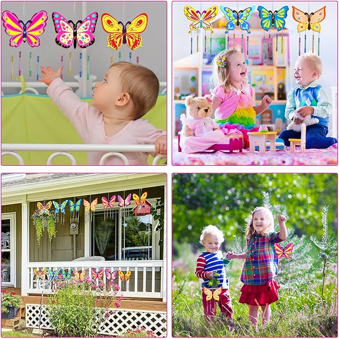 16 Pack Butterfly Wind Chime Kits Butterfly Crafts for Kids Make Your Own Butterflies Wind Chime Wooden DIY Arts and Crafts for Spring Summer Party School Classroom Decorations Supplies Birthday Favor