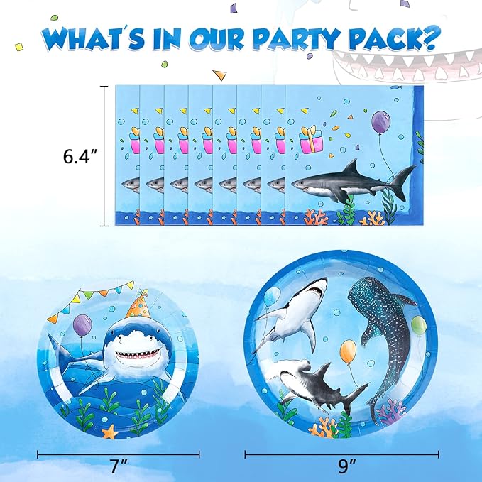 WERNNSAI Shark Birthday Decorations - 48PCS Shark Party Plates and Napkins Under The Sea Birthday Supplies Blue Ocean Plates Tableware for Kids Boys Baby Shower Summer Pool Party Decor Serves 16 Guest