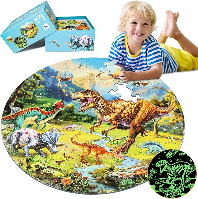 Glow-in-The-Dark Dinosaur Floor Puzzles for Kids Ages 4-6, Kids Jigsaw Puzzles Ages 6-8, 70PCS Large Round Dino Educational Puzzle Toys for 3 4 5 6 7 8 Years Old Children, Easter Gifts for Kids