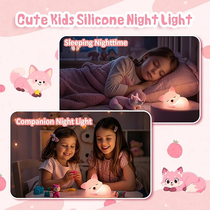CoolGift Mart Fox Night Light, Cute Fox Silicone Night Light Gifts for Girls 8-12, Fox Lamp for Kids Child Baby Women Nursery, Animal Light with Touch Control, Timer and USB Rechargeable