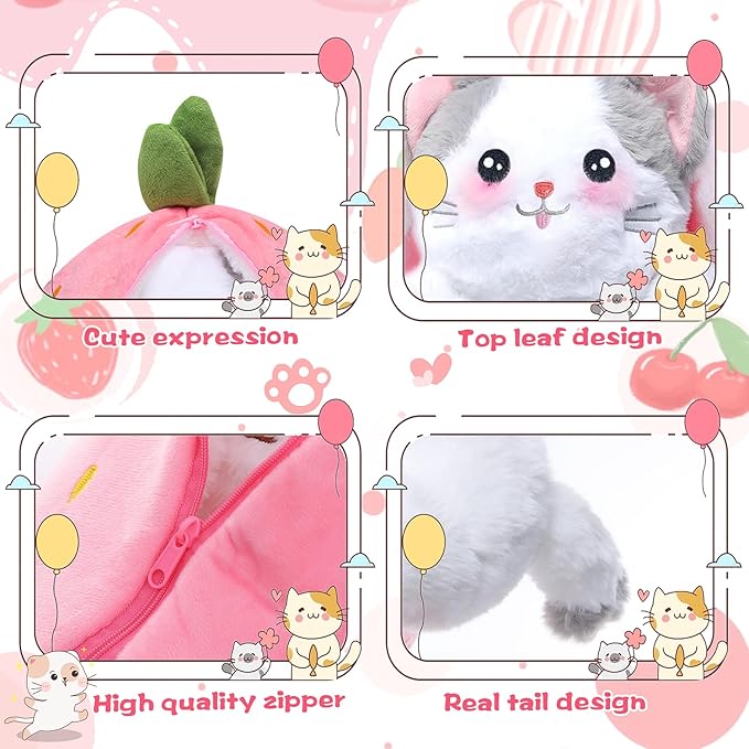 MIAODAM Cat Plush Stuffed Animals, Cute Reversible Strawberry Turn Into Cat Zip Plush, Funny Plushies Toy in A Strawberry Stuffie for Kid (7.8inch)