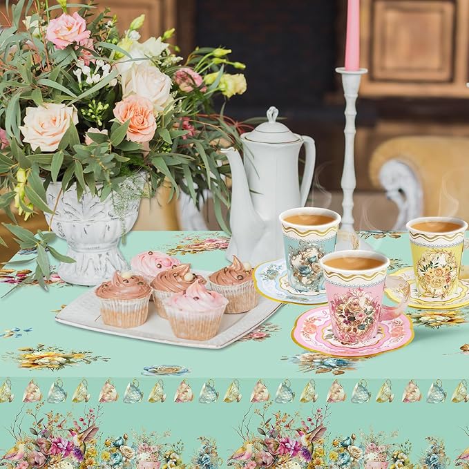 WorldBazaar Tea Party Supplies Floral Party Dinnerware 12 Set Paper Tea Cups and Saucers, Plates Napkins Tablecloth Birthday Table Decorations Girls Kids Adults Woman