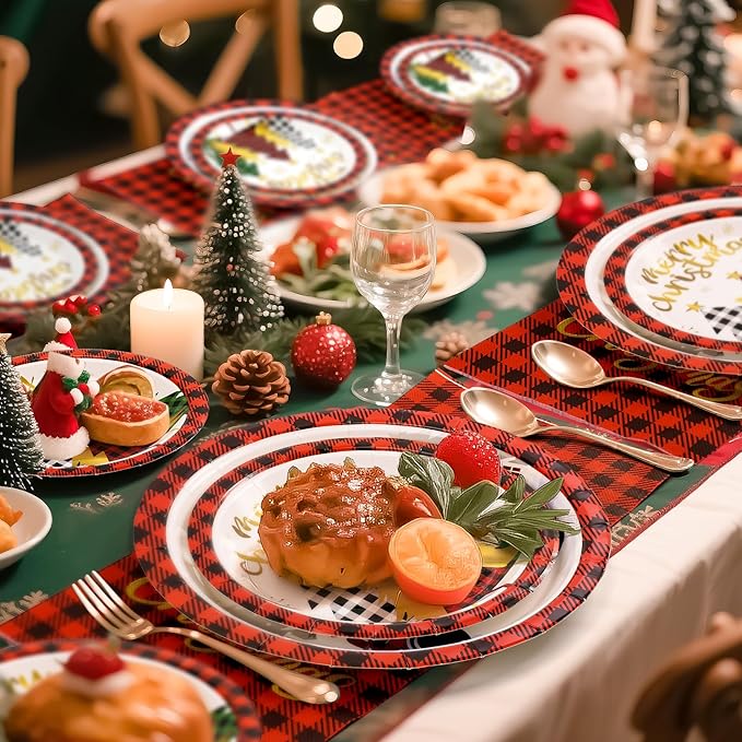 72PCS Christmas Plates and Napkins for Party Decorations, Set of 24 Merry Christmas Disposable Tableware Supplies, Gnome Red Plaid Paper Plates for Xmas Party