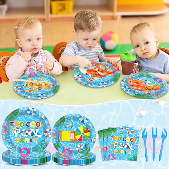 96Pcs Two Cool Pool Birthday Party Supplies Summer Swimming Pool 2nd Birthday Paper Plates and Napkins Summer Beach Tableware Set Serves 24 Guests 2 Years Old Hawaiian Pools Party Decorations