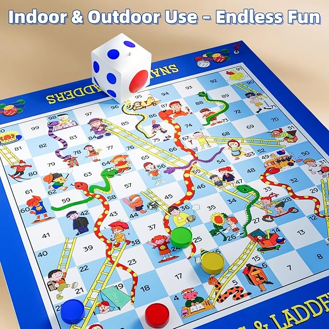 Giant Snakes and Ladders Floor Game for Kids - 5.8 ft Extra-Large Indoor Outdoor Mat with Game Pieces & Inflatable Dice, Family Night Board Game Set, Birthday Toy for 3+ Year Old Boys and Girls