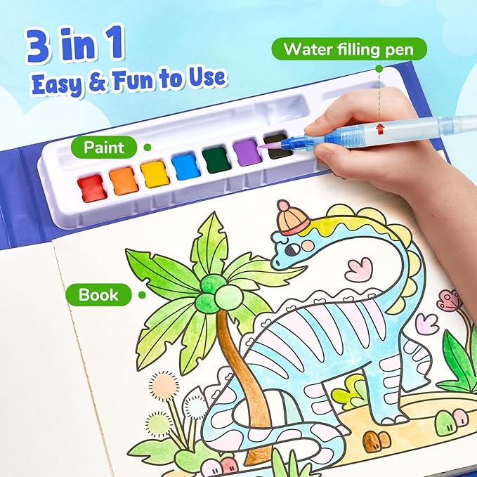 JoyCat Paint with Water Coloring Books, Art & Craft Activity, No Mess Art for Kids Ages 4-8, Craft Kits & Supplies, DIY Creative Activity, Gifts for Girls & Boys (Dinosaurs)