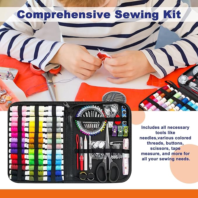 JUNING Sewing Kit with Black Case Portable Sewing Supplies for for Mom Grandma Women Men Teen Girls Boys Adults Beginner, Home Travel, Emergency, 42 Threads, Scissors, Needles, Measuring Tape and More