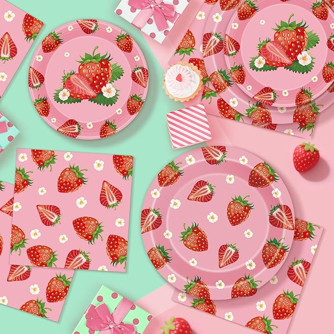 40 Pcs Strawberry Plates and Napkins Sets, Strawberries Dinner Dessert Paper Plates Summer Berry Napkins Tableware Kit for Fruit Strawberry Party Birthday Decorations Supplies Table Decor, Serve 20