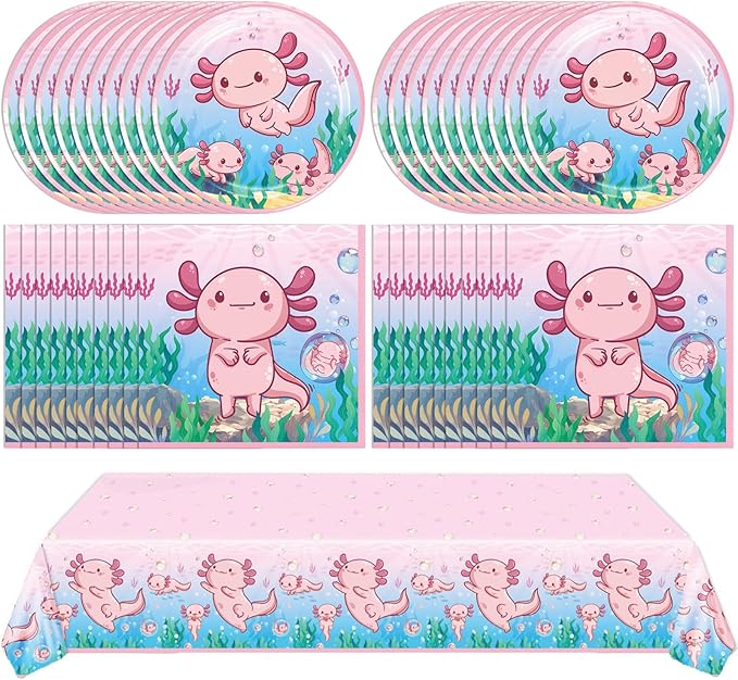 41Pcs Pink Axolotl Birthday Party Supplies Reptile Animals Theme Tableware Set Cartoon Axolotl Party Disposable Plates,Napkin,Tablecloth丨Baby Shower Boys Girls Birthday Decorations Supplies,Serves 20