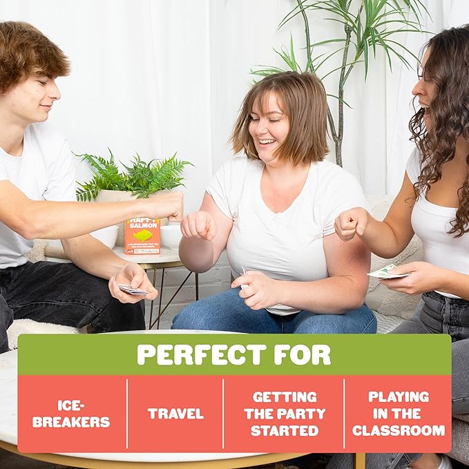 Exploding Kittens Happy Salmon Grab & Game - 3-8 Players - Ages 6+ - 90 Second Rounds - Travel Sized Cards - Easy to Learn Quick Matching - Party, Family Night, Kids and Adults
