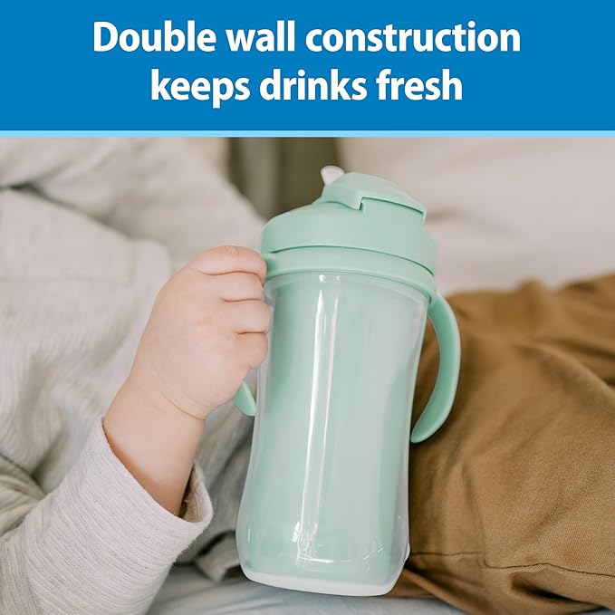 Dr. Brown's Milestones Insulated Sippy Cup with Straw and Handles, Spill-Proof Tumbler with Lid, 2-Pack, Green, 10 oz/300 mL, BPA Free, 12m+