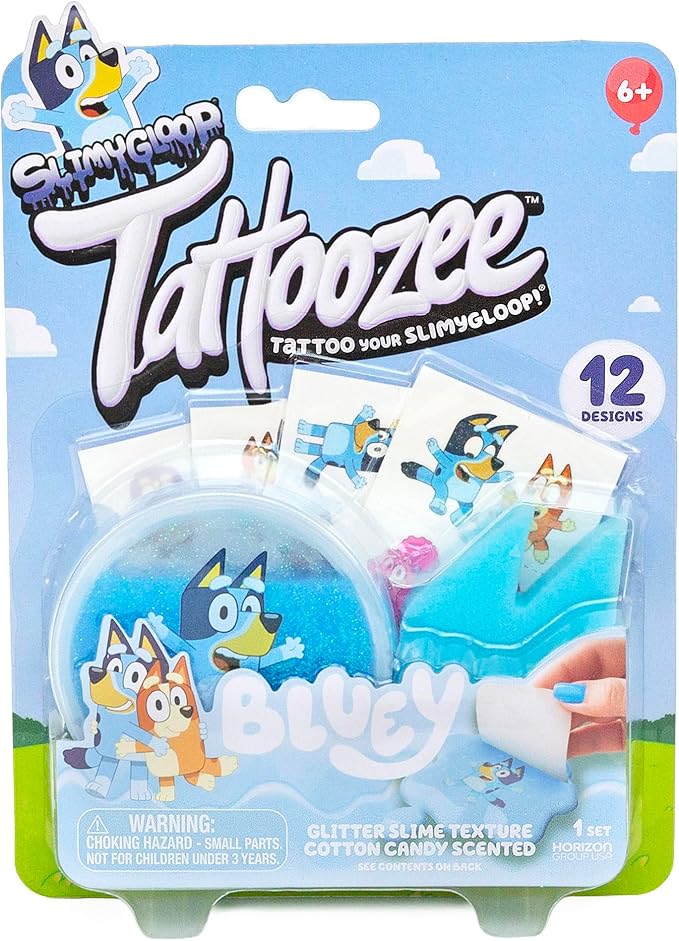 SLIMYGLOOP Tattoozee, Bluey Tattoo Transfer Slime Kit, Sensory Play for Kids Ages 6+, Cotton Candy Scented, Glitter Texture