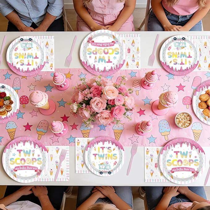 96Pcs Twins Baby Shower Decorations Ice Cream Twin Birthday Plates and Napkins Two Scoops are Better Than One Tableware Set for Twins Girls Boys Baby Shower Party Supplies Serves 24