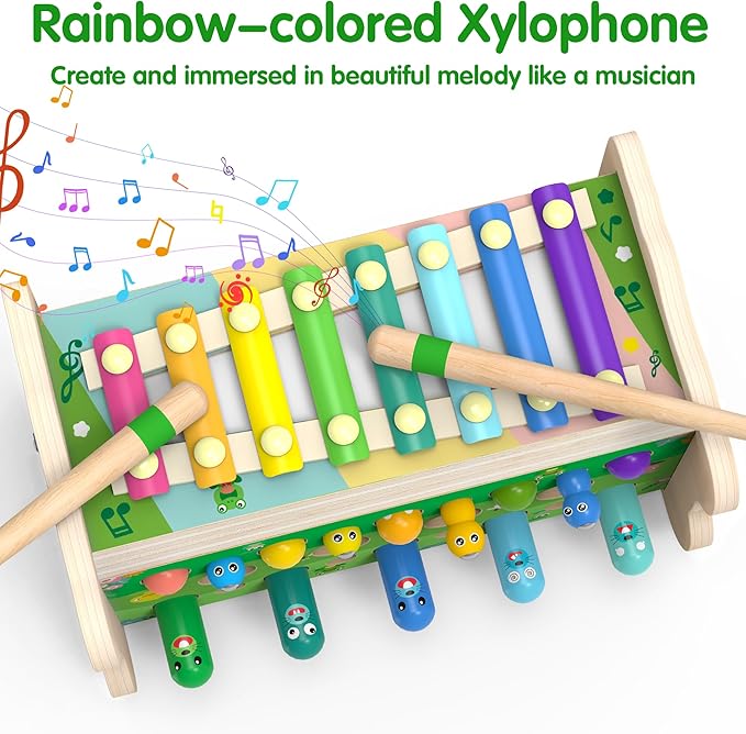 6-IN-1 Wooden Montessori Toys for 1 Year Old, Mole-Tapping Game | Play the Xylophone | Frog Clock | Carrot Harvest Game | Spinning Gear, Toddler Toys Aged 1-4, Baby Toy Gift for Early Learning