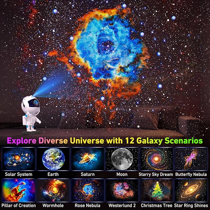 Astronaut Galaxy Projector, Star Projector with 12 Space Films, Galaxy Projector for Bedroom with Timer, Planetarium Projector Night Light Ceiling Nebula for Kids Adults Gift Living Game Room Decor