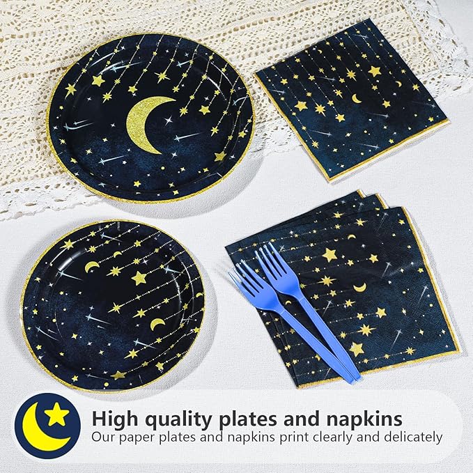 Grencian Gold Star Moon Party Supplies - 96Pcs Moon and Stars Party Supplies Plates and Napkins Navy Blue Celestial Hanging Crescent Disposable Tableware for Celestial Birthday Decorations Serve 24