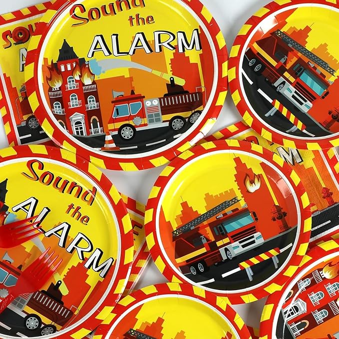 100 Pcs Firetruck Birthday Party Decorations Fireman Plates and Napkins for Firefighter Party Supplies Fire Truck Birthday Theme Disposable Dinnerware Set for Kids Fireman Party Favors Serve 25