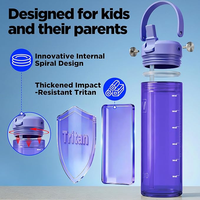 20oz Kids Water Bottle, BPA Free Thick Tritan Plastic Reusable, Clear Water Bottle with Straw, Leakproof Lid, Dishwasher Safe, Boy girl for School,Travel Purple