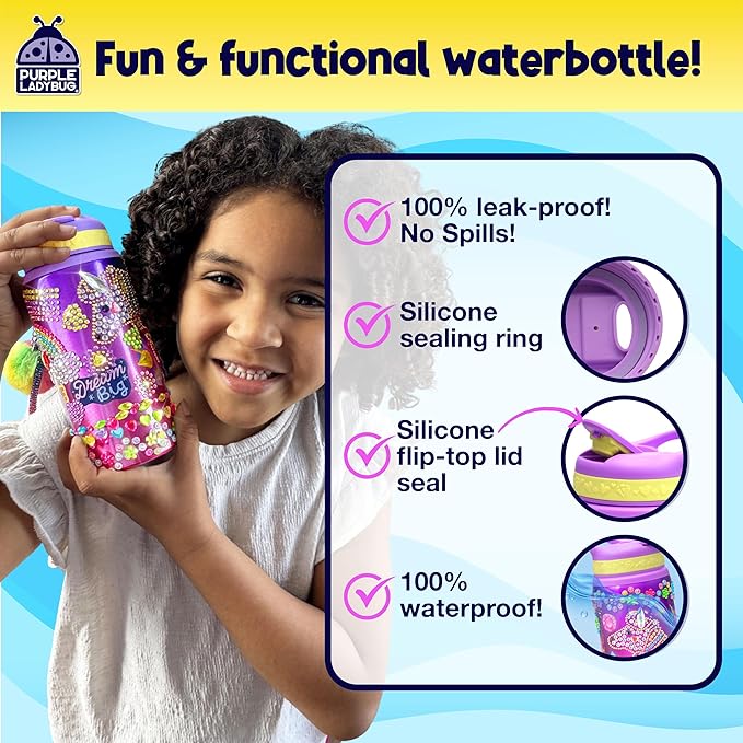 PURPLE LADYBUG Decorate Your Own Water Bottle Kit for Girls - Gift for Girls Ages 5 6 7 8 9 10 Year Old Girl Birthday Gift, Unicorn Toys Crafts Kids Ages 6-12 Mothers Day Crafts for Kids