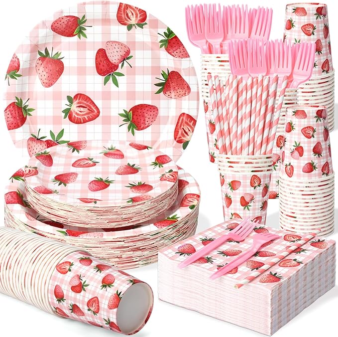 300 Pcs Berry First Birthday Decor, Strawberry Decorations For Party, Strawberry Shortcake Birthday Decorations, Plates and Napkins Serves 50 Guests