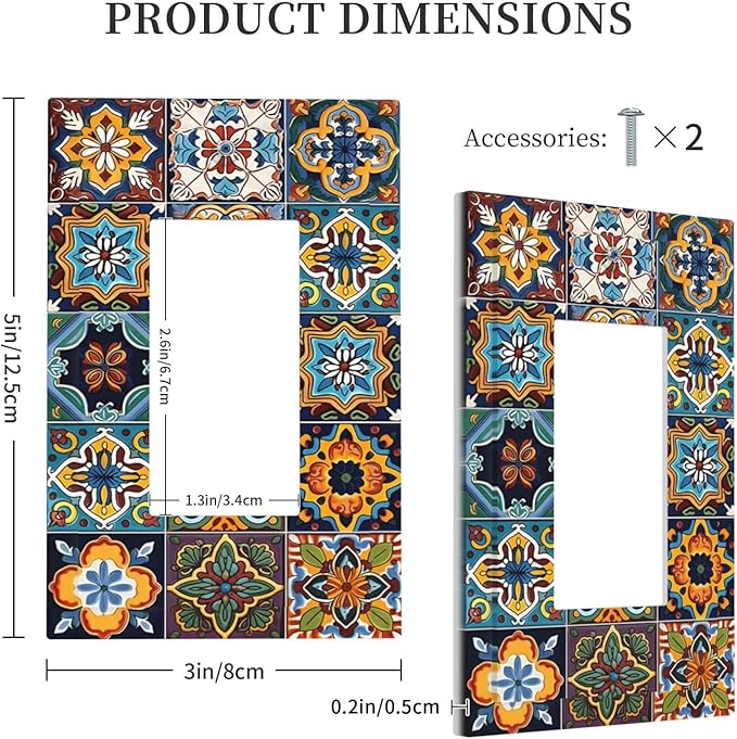 Mexican Talavera Tiles Floral Decorative Outlet Covers 1 Gang Single Rocker Light Switch Cover Plate Wall Plates GFCI Faceplate for Bathroom Kitchen Decor