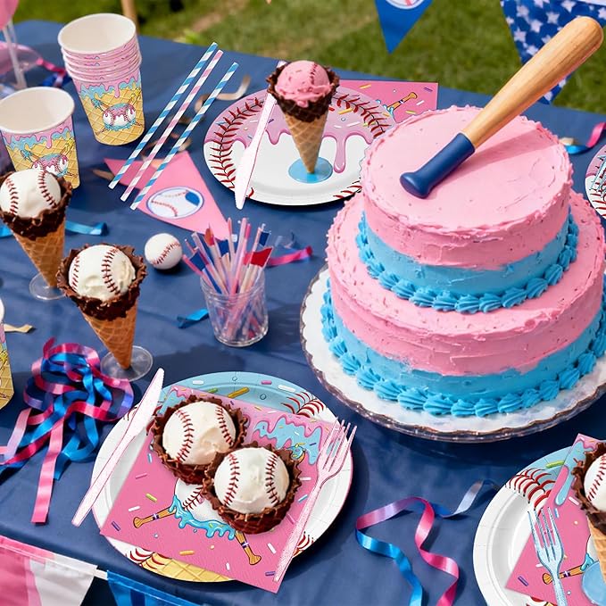 168PCS Ice Cream Drip Baseball Birthday Party Decorations & Favors - Serves 24 | Disposable Tableware: Baseball Plates, Napkins, Cups | Sports/Birthday Party Supplies