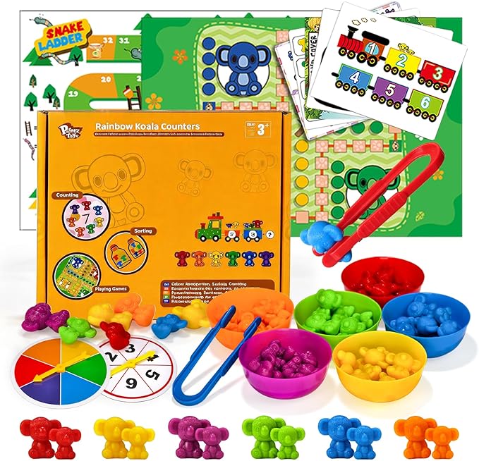 Pairez Toys Counting Toys for Kids, Animal Koala Counters w/Activity Cards for Playing Snakes and Ladders, Ludo Board Games, Math Learning Manipulatives, Early Development Toys for Preschool Toddlers
