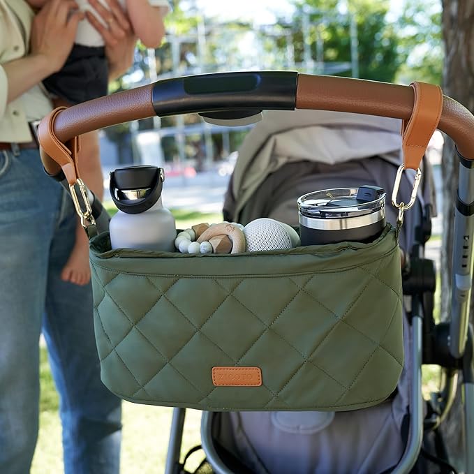 Beautiful Stroller Caddy Organizer With 2 Cup Holders – Luxury Stroller Bag, Universal Fit, Leather Straps & Zipper Pocket – Spacious Accessories Perfectly Fits Doona, Nuna & Uppababy Strollers