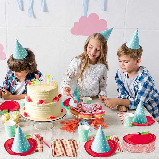 100 Pcs Apple Party Supplies Set, Serves 25 – Disposable Apple-Shaped Paper Plates, Red Gingham Napkins, and Forks, Fruit Themed Tableware for Teacher Appreciation, and Back to School Decorations