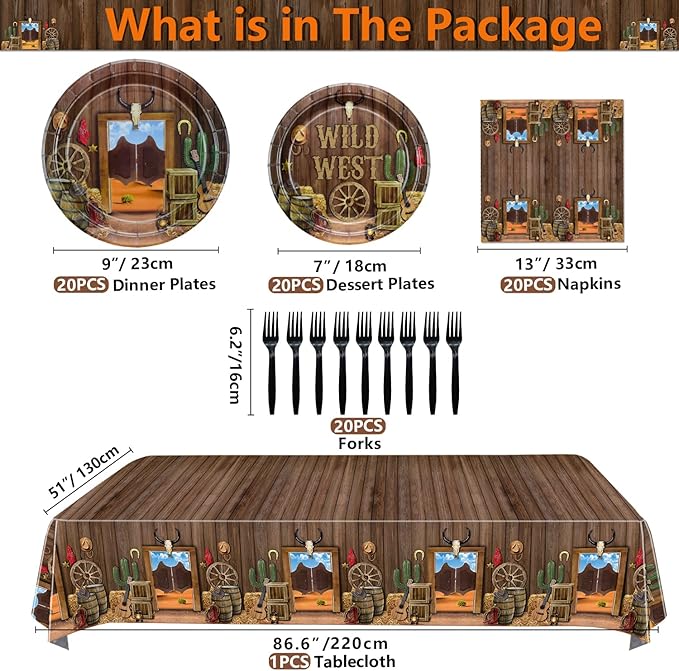 Western Party Decorations - 81 Pcs Plates, Napkins, Western Tablecloth, Black Forks Set for Western Birthday Party Decorations Western Party Supplies, Serve 20
