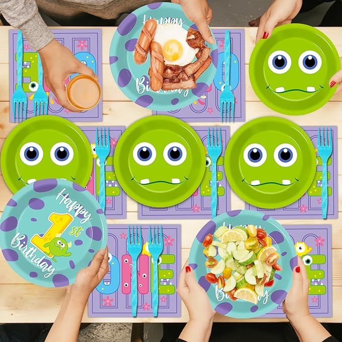 96Pcs Monster 1st Birthday Party Plates and Napkins Happy Monster 1st Theme Decor Monster Baby Shower Disposable Dessert Cake Plates One Year Old Tableware Set for First Birthday 24 Guests