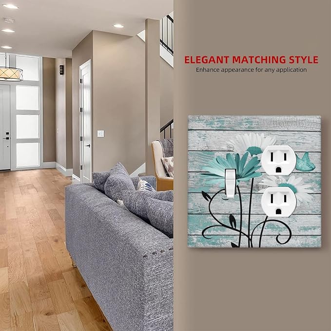 Teal White Daisy Flower Butterfly On Rustic Wood Board Wallplates 1 Toggle 1 Duplex Switch Plate Electrical GFCI Faceplate Decorative Light Switch Covers for Farmhouse Bedroom Decor