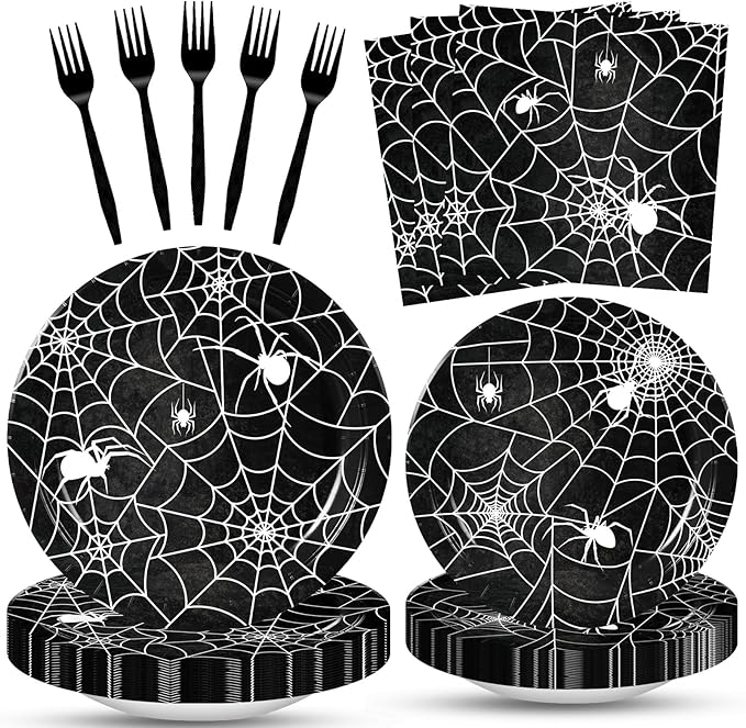 100 Pcs Halloween Spider Web Tableware Party Supplies Set, Serves 25 – Disposable Spiderweb Paper Plates, Napkins, and Forks, Spooky Dinnerware for Haunted House, Trick-or-Treat Party Decorations