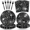 100 Pcs Halloween Spider Web Tableware Party Supplies Set, Serves 25 – Disposable Spiderweb Paper Plates, Napkins, and Forks, Spooky Dinnerware for Haunted House, Trick-or-Treat Party Decorations