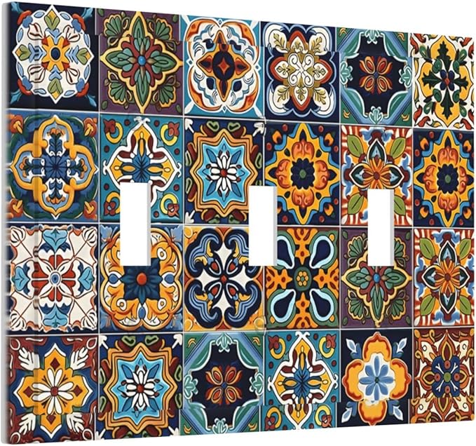Mexican Talavera Tiles Floral Decorative Switch Plates 3 Gang Wall Plate Triple Toggle Light Switch Cover Faceplate Electrical Wall Panels for Bathroom Kitchen Decor