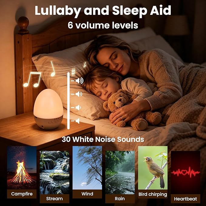 Egg Light for Nursery,Egg Night Light with 30 White Noise Sounds,30/60/90 Min Timer,BPA Free,Rechargeable Nursery Night Light with 2 Lighting Effects,Portable Egg Lamp for New Moms of Toddlers