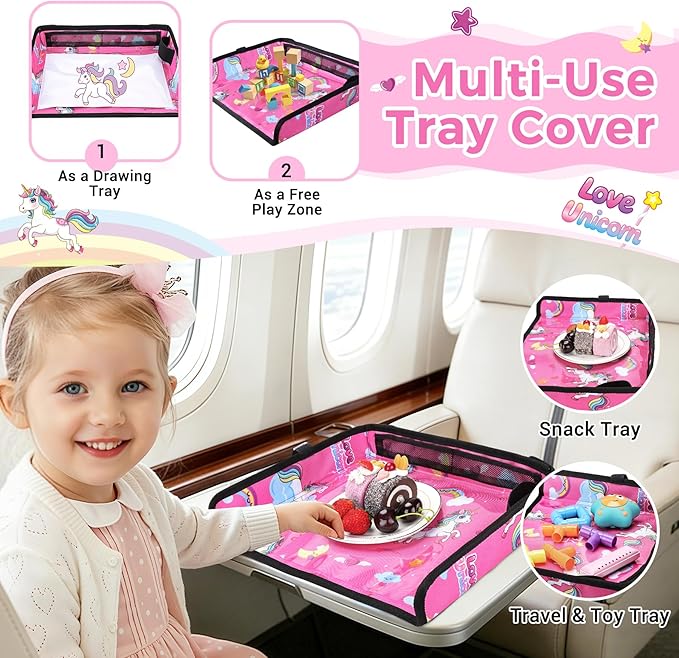COOLBEBE Airplane Tray Table Cover Foldable Travel Tray Cover for Toddlers 1-3 Universal Fit for Airplane, Car Seat, High Chair Machine Washable, Portable Pink Unicorn
